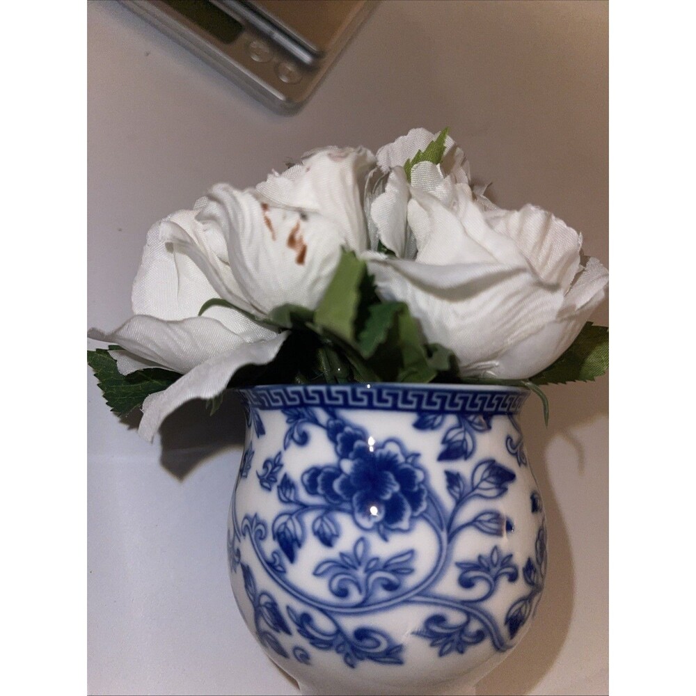 Artificial Floral Arrangement Roses Blue White Porcelain Vase 2.75 n x 2.75 in - Picture 6 of 6